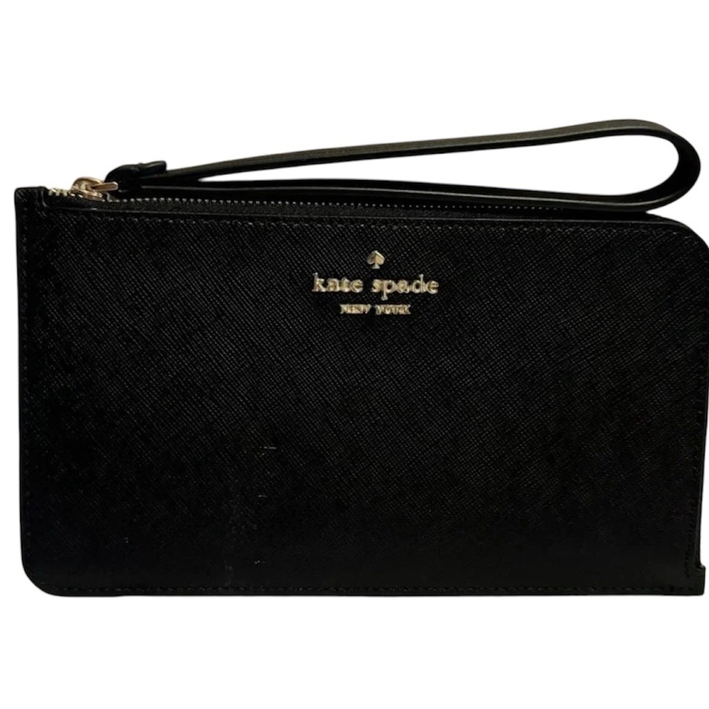 Kate Spade Black Wristlet Gold Zipper 3 Card Slots Inside 1 Outside Pocket